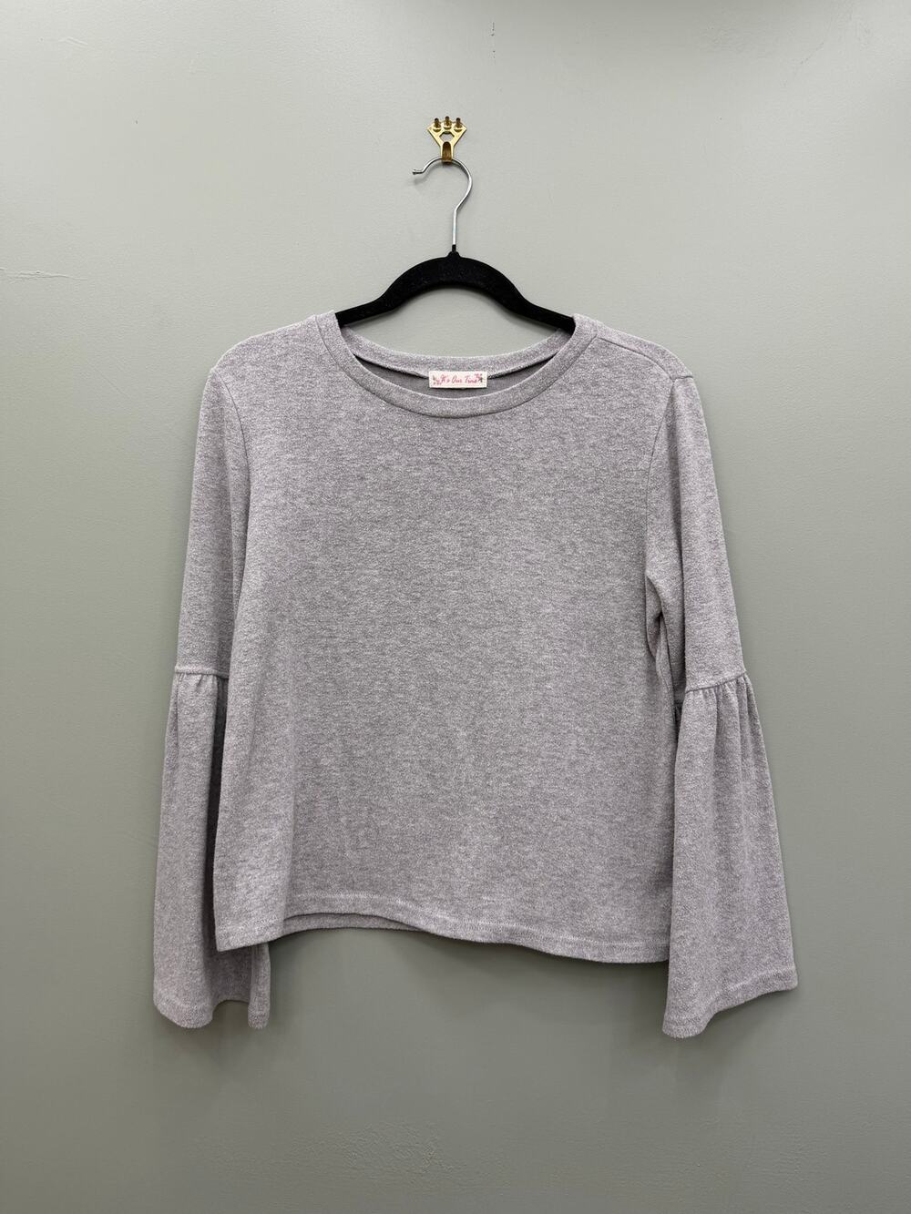 Y2K Soft Girl Bell Sleeve Knit Top Heather Gray Stretch Boho Fairy Medium